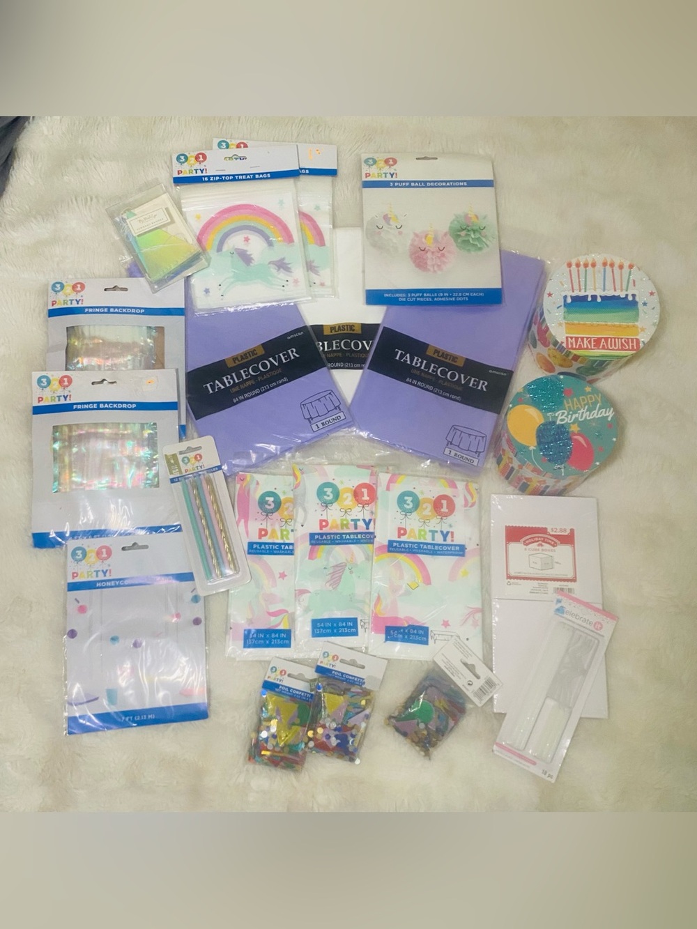 3-2-1 Party Pastel Purple Tablecover and Party 21 Set Unicorn Rainbow
